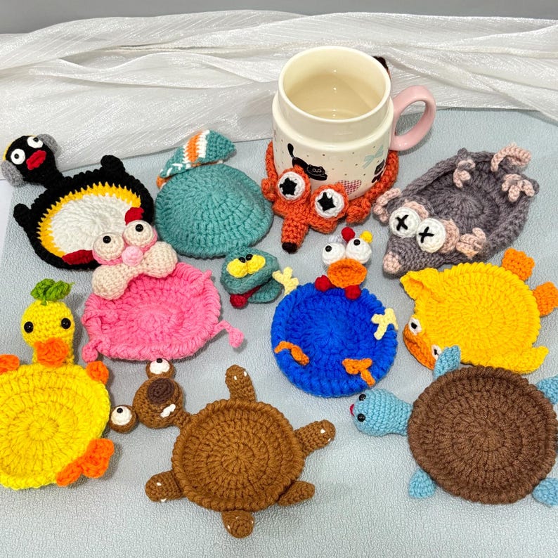Adorable Crochet Critter Coaster, Handmade Coaster, Cute Drink Mat, Housewarming Gift, Office Desk Decor, Fox Frog Hippo Turtle Coaster image 1