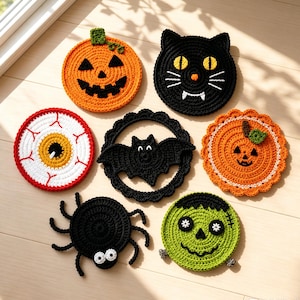 Może przedstawiać: Zestaw siedmiu szydełkowych podkładek na Halloween, przedstawiających pomarańczową dynię, czarnego kota z żółtymi oczami, białą gałkę oczną z czerwonymi żyłkami, czarnego nietoperza, karbowaną dynię, czarnego pająka oraz zielonego potwora.