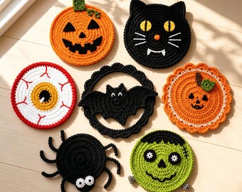 Handmade Crochet Halloween Coaster, Spooky Cute Drink Coaster, Pumpkin Black Cat Bat Eyeball Spider Monster, Fall Table Decor,Halloween Gift