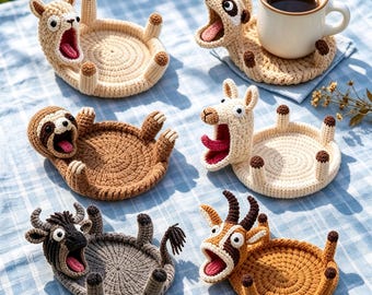 Handmade Crochet Animal Coaster, Funny Mouth Cup Mat, Cute Whimsical Table Decor, Housewarming Gift for Animal Lovers,Coffee Table Decor