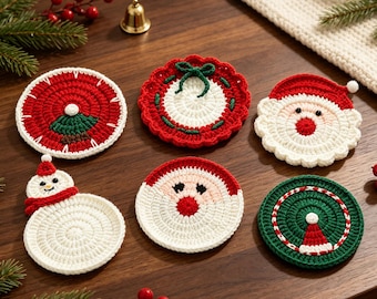 Handmade Christmas crochet coaster,Santa knit cup mat,Xmas table decor,holiday housewarming gift,Snowflake crochet coaster,holiday decor