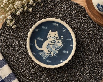Decorative Ceramic Cat Plate - Sleeping Kitty with Fish Japanese Kawaii
