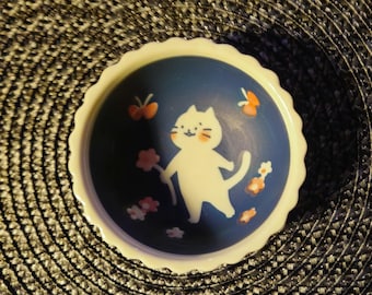Decorative Ceramic Cat Bowl - Summer Flower Kitty Japanese Kawaii