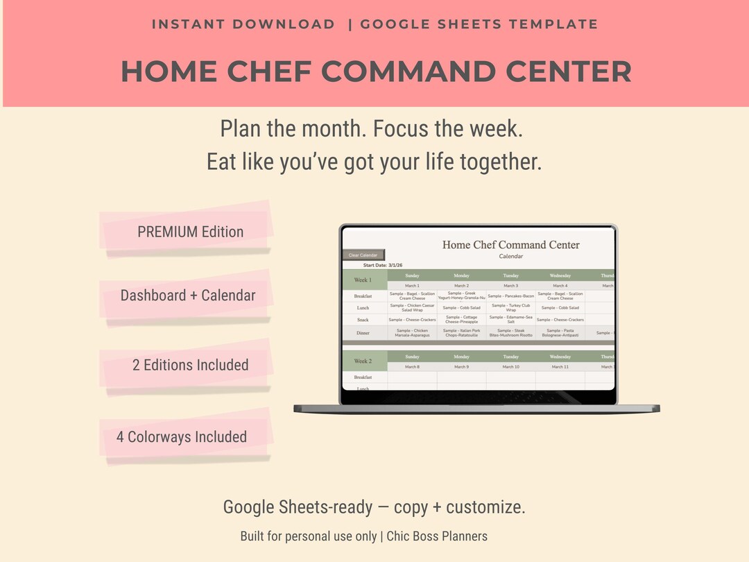 Home Chef Command Center Premium Version | Google Sheets Meal Planner ...