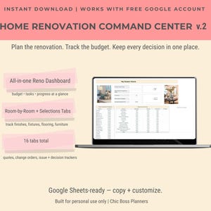 Centro de mando para reformas del hogar v2 (hoja de cálculo de Google) / Planificador de reformas / Presupuesto, tareas, decisiones / 16 pestañas