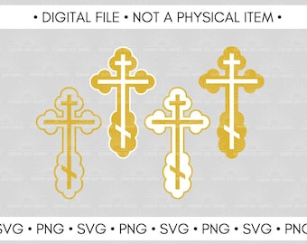 Orthodox Cross SVG PNG – Gold White Outline Vector File (Digital Download)
