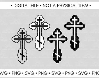 Outlined Orthodox Cross - Three Bar Cross - Black and White - SVG PNG (Digital Download)