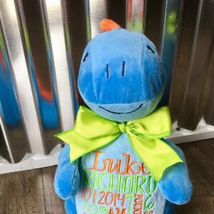 Personalized Stuffed Animal Baby Announcement Birth Announcement Stuffed Animal Baby Gift Photo Prop Monogrammed Baby Gift BLUE DINOSAUR image 2