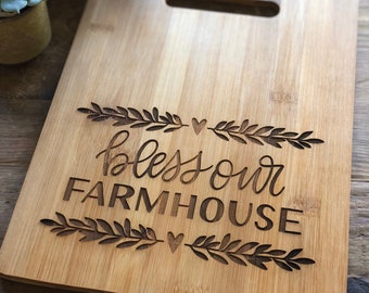 Bamboo Cutting Board Kitchen Bless Our Farmhouse Laser Engraved Serving Board Personalized Gift New Home Newlyweds