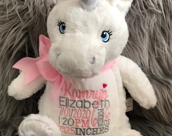 Personalized Stuffed Animal Baby Announcement Birth Announcement Stuffed Animal Baby Gift Photo Prop Monogrammed WHITE or LILAC UNICORN