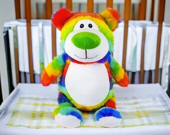 Personalized Stuffed Animal, Birth Announcement, Plush Soft Toy, Keepsake, Embroidered, RAINBOW BEAR, Unique Gift