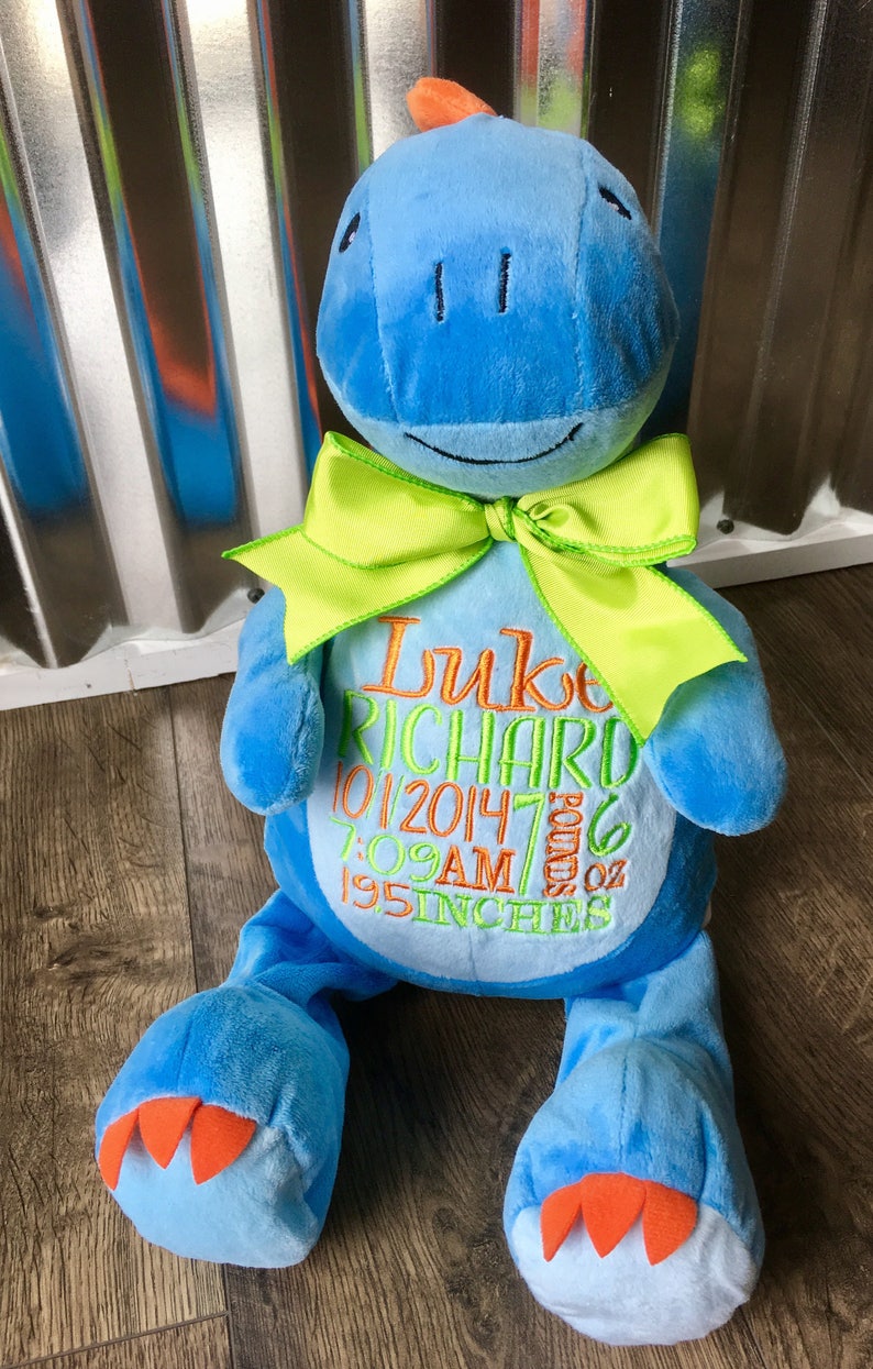 Personalized Stuffed Animal Baby Announcement Birth Announcement Stuffed Animal Baby Gift Photo Prop Monogrammed Baby Gift BLUE DINOSAUR image 2