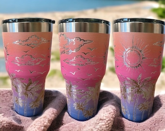 Tumbler Double Walled 32oz Beach Scene Engraved Tumbler Cup