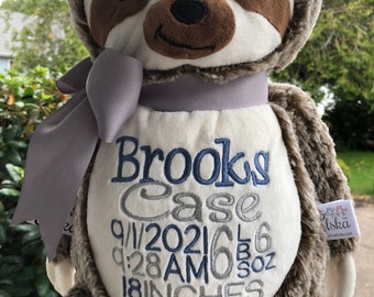 Personalized stuffed animal baby announcement birth announcement stuffed animal baby gift photo prop monogrammed baby gift SLOTH