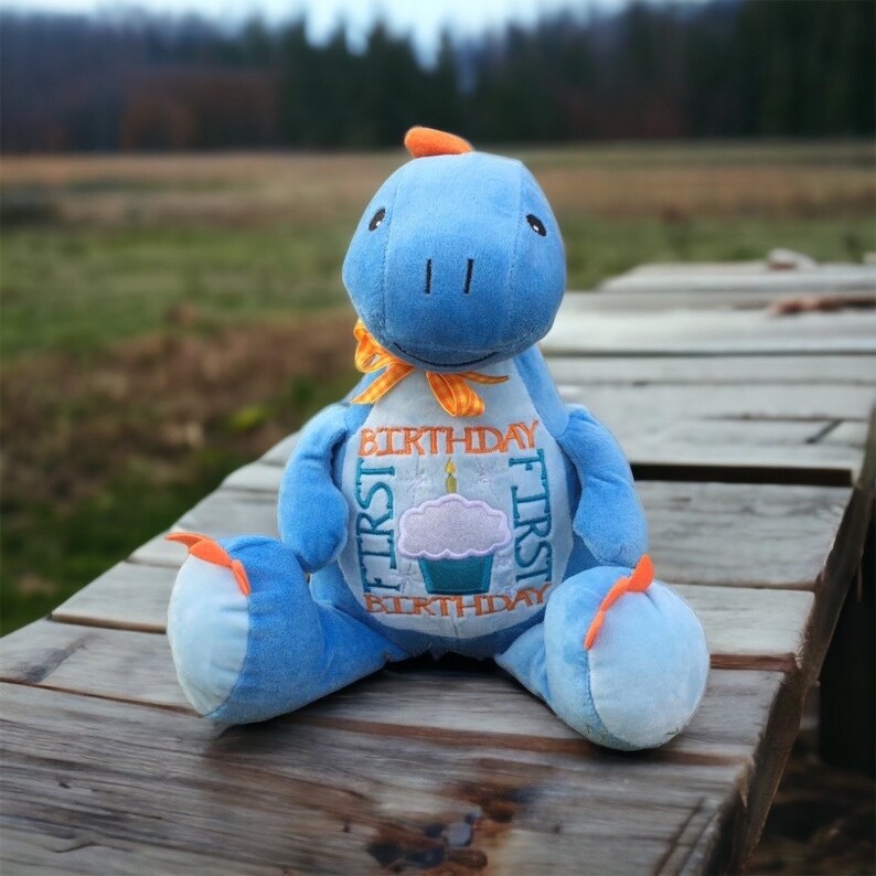 Personalized Stuffed Animal Baby Announcement Birth Announcement Stuffed Animal Baby Gift Photo Prop Monogrammed Baby Gift BLUE DINOSAUR image 1