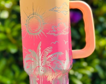 Tumbler Double Walled 40oz Engraved Tumbler with handle Beach Scene Palm Trees Sunset