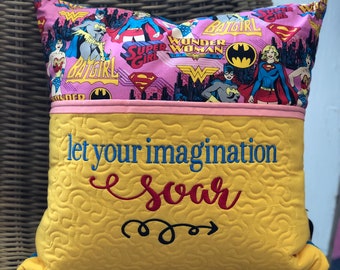 Reading Pillow, Book Pillow, Cusion,Let Your Imagination Soar, 16x16, Ready to Ship