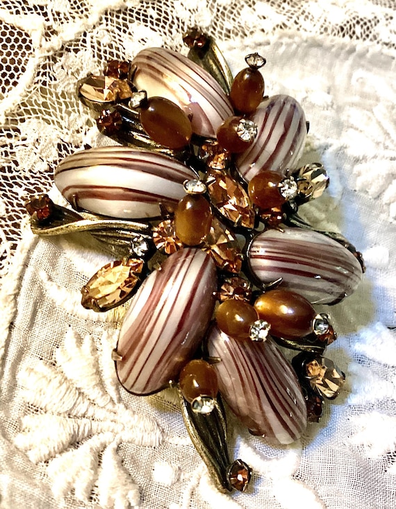 Vintage Josane Glass Stone and Rhinestone Abstract Flower Pin