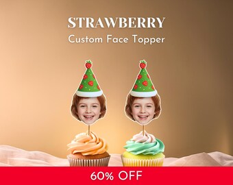 Custom Face Strawberry Cupcake Cake Toppers: Personalized First Birthday Decoration Face On A Stick (PDF)
