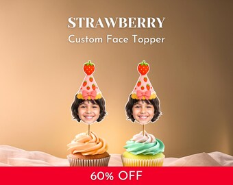 Custom Face Strawberry Cupcake Cake Toppers: First Birthday Party Decoration (PDF)
