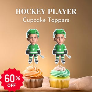Ice Hockey Player Custom Face Cupcake Toppers Printable Personalized Party Decorations Editable Hockey Birthday Supplies Sports Party Favors