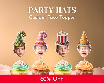 Custom Baby Face Cupcake Cake Toppers with Birthday Party Hat (PDF)