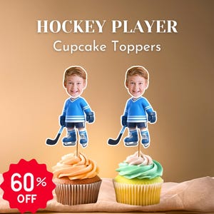 Ice Hockey Player Custom Face Cupcake Toppers Printable Personalized Party Decorations Editable Hockey Birthday Supplies Sports Party Favors