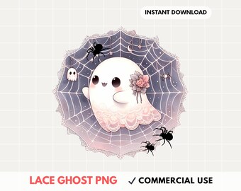 May include: A cute white ghost illustration with a floral hairpiece, surrounded by a spider web, spiders, and a hanging ghost. The image has the text "LACE GHOST PNG" and "COMMERCIAL USE".