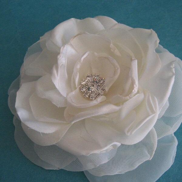4 inch Ivory Satin and Organza Rose Hair Clip C153 - bridal hair clip