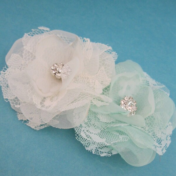 Bridal Hair Mint  and ivory Organza and Lace Rose Hair pin Set B245 - bridal hair accessory