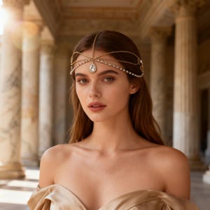May include: A gold-toned headpiece with a central teardrop-shaped crystal and smaller crystals along the band. The headpiece is worn by a person with long brown hair and a gold-colored dress. The background features classical architecture with columns.