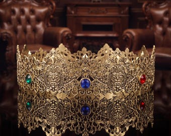 Customized diamond Royal King Crown, Gold  Crown with Gemstones, Regal Coronation Headpiece for Wedding,Men's crown,  baroque style