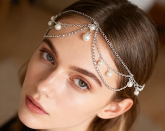 Handmade Pearl Headpiece, Hair Jewelry,Silver Elven Circlet Headpiece Hair Jewelry，Pearl Headpiece，Bridal Forehead Band, Elf headpiece