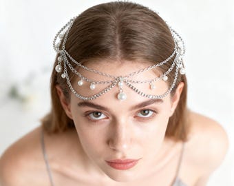 Handmade Pearl Headpiece, Hair Jewelry,Silver Elven Circlet Headpiece Hair Jewelry，Pearl Headpiece，Bridal Forehead Band, Elf headpiece