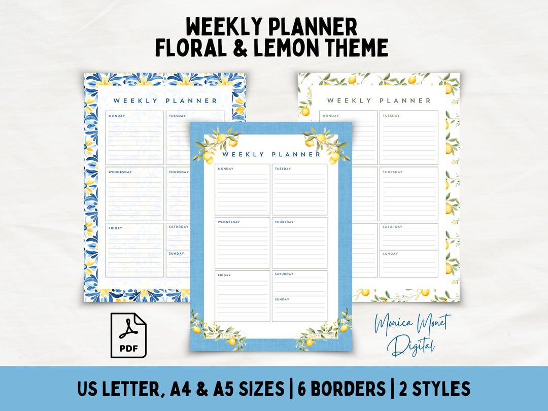 Weekly Planner Printable PDF, Lemon Floral Weekly Organizer, A4 A5 US ...