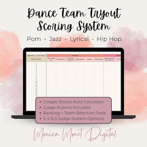 May include: A black laptop displays a dance team tryout scoring system. The screen shows a spreadsheet with columns for techniques like Kick Combo and Pirouette. Text includes "Pom, Jazz, Lyrical, Hip Hop" and "Monica Monet Digital."