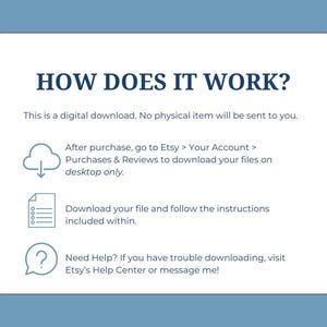 Puede incluir: C&oacute;mo descargar una compra digital en Etsy. Se muestra una nube azul con una flecha de descarga, un icono de documento y un icono de signo de interrogaci&oacute;n con instrucciones sobre c&oacute;mo descargar una compra digital.