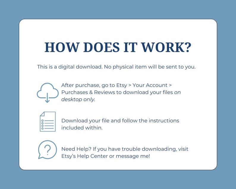 Puede incluir: C&oacute;mo descargar una compra digital en Etsy. Se muestra una nube azul con una flecha de descarga, un icono de documento y un icono de signo de interrogaci&oacute;n con instrucciones sobre c&oacute;mo descargar una compra digital.