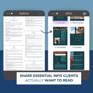 Puede incluir: Imagen de antes y despu&eacute;s que muestra c&oacute;mo organizar un documento. La imagen de antes muestra un documento con mucho texto y sin una organizaci&oacute;n clara. La imagen de despu&eacute;s muestra el mismo documento organizado en cuatro secciones con t&iacute;tulos claros: Portada, Tabla de contenido, Tus contactos y De un vistazo.