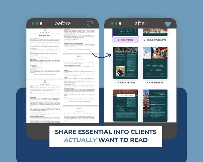 Puede incluir: Imagen de antes y despu&eacute;s que muestra c&oacute;mo organizar un documento. La imagen de antes muestra un documento con mucho texto y sin una organizaci&oacute;n clara. La imagen de despu&eacute;s muestra el mismo documento organizado en cuatro secciones con t&iacute;tulos claros: Portada, Tabla de contenido, Tus contactos y De un vistazo.