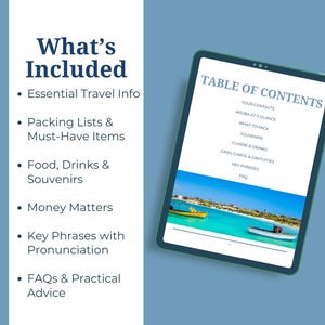 Puede incluir: Una tableta digital que muestra una tabla de contenido para una gu&iacute;a de viaje. La gu&iacute;a incluye informaci&oacute;n sobre informaci&oacute;n esencial de viaje, listas de empaque, comida y bebidas, asuntos de dinero, frases clave y preguntas frecuentes.