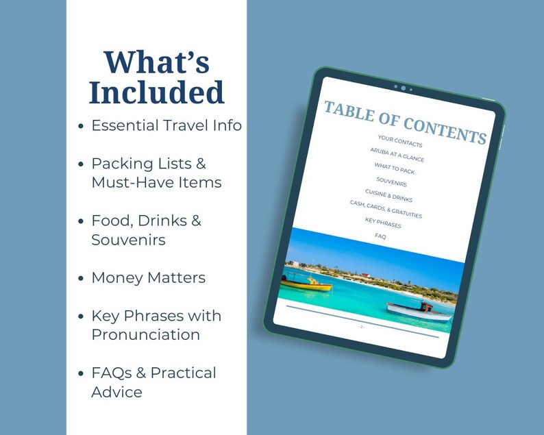 Puede incluir: Una tableta digital que muestra una tabla de contenido para una gu&iacute;a de viaje. La gu&iacute;a incluye informaci&oacute;n sobre informaci&oacute;n esencial de viaje, listas de empaque, comida y bebidas, asuntos de dinero, frases clave y preguntas frecuentes.