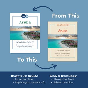 Puede incluir: Dos im&aacute;genes que muestran un ejemplo de antes y despu&eacute;s de una plantilla de gu&iacute;a de viaje. La plantilla original tiene un logotipo azul y blanco con el texto "bluedot" y el texto "Aruba" en una fuente grande. La segunda imagen muestra la misma plantilla con un logotipo y una fuente diferentes. El texto "De esto" y "A esto" se incluye en la imagen.