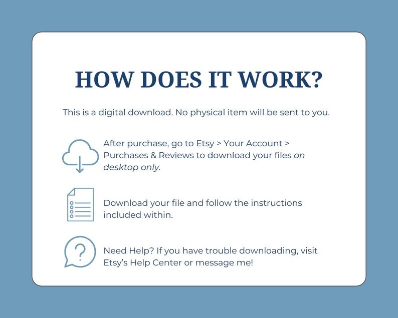 May include: A blue and white graphic with the text "HOW DOES IT WORK?" and instructions on how to download a digital purchase from Etsy.