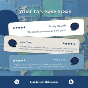 Puede incluir: Un gr&aacute;fico azul y blanco con el texto "What TA's Have to Say" y tres testimonios de clientes. Los testimonios son de Jenny Haugh, Julie Jane y Mary Yost. Cada testimonio incluye una calificaci&oacute;n de cinco estrellas y una cita.