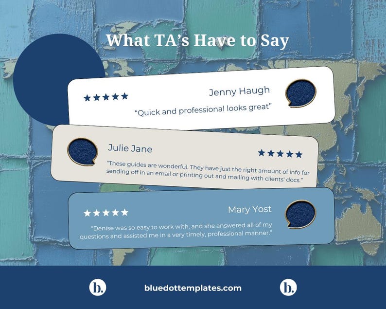 Puede incluir: Un gr&aacute;fico azul y blanco con el texto "What TA's Have to Say" y tres testimonios de clientes. Los testimonios son de Jenny Haugh, Julie Jane y Mary Yost. Cada testimonio incluye una calificaci&oacute;n de cinco estrellas y una cita.