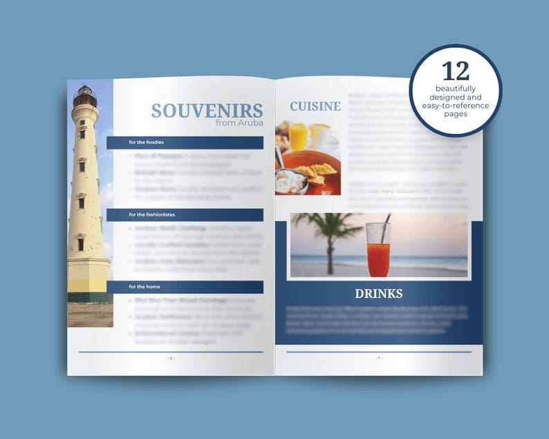 Puede incluir: Una gu&iacute;a de 12 p&aacute;ginas sobre souvenirs, cocina y bebidas de Aruba. La gu&iacute;a presenta un faro en la portada e im&aacute;genes de comida y bebidas.