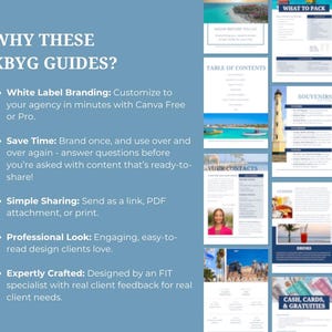Puede incluir: Un gr&aacute;fico azul y blanco con el texto "Why These KBYG Guides?" y una lista de cinco vi&ntilde;etas que describen los beneficios de usar las gu&iacute;as. Las vi&ntilde;etas incluyen: White Label Branding, Save Time, Simple Sharing, Professional Look y Expertly Crafted.