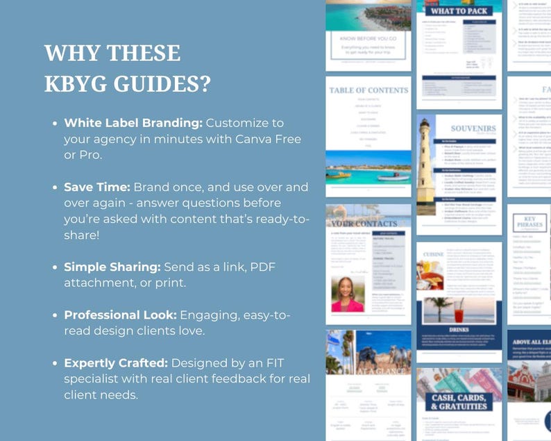 Puede incluir: Un gr&aacute;fico azul y blanco con el texto "Why These KBYG Guides?" y una lista de cinco vi&ntilde;etas que describen los beneficios de usar las gu&iacute;as. Las vi&ntilde;etas incluyen: White Label Branding, Save Time, Simple Sharing, Professional Look y Expertly Crafted.