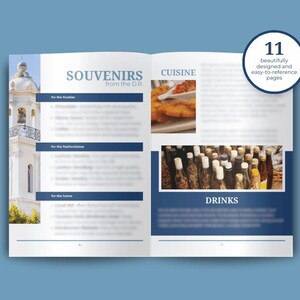 May include: A travel guide with 11 pages of information about souvenirs, cuisine, and drinks from the Dominican Republic. The guide features a photo of a church bell tower and a photo of fried food with a red sauce.
